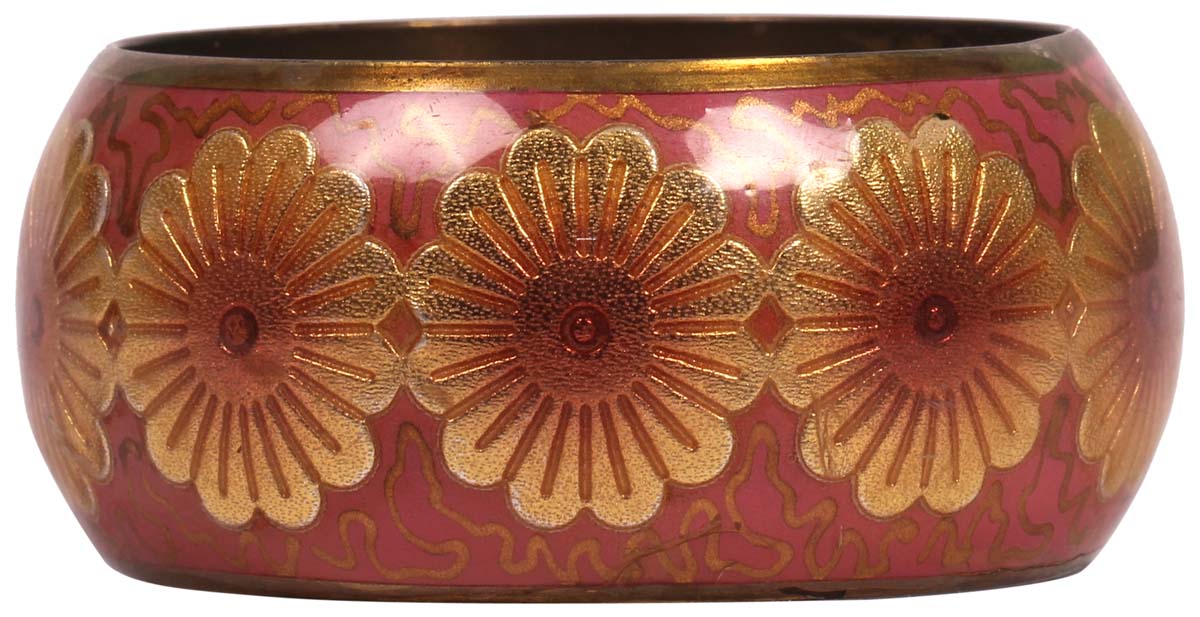 Round Broad Bangle - Floral Motifs - Pink & Golden Exteriors - Dull Golden Finish Interiors - Handmade in Brass & Iron - Fashion Accessories - Unique Metal Jewelry - Buy in Bulk Wholesale